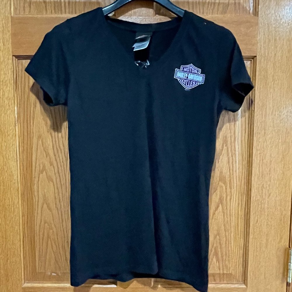 HARLEY-DAVIDSON Womens L Burnout V-Neck Short SleeveT-Shirt Shirt Black Chicago